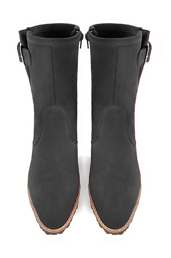 Dark grey women's ankle boots with buckles on the sides. Round toe. Medium block heels. Top view - Florence KOOIJMAN
